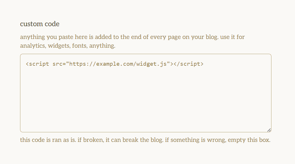 custom code box in blog settings